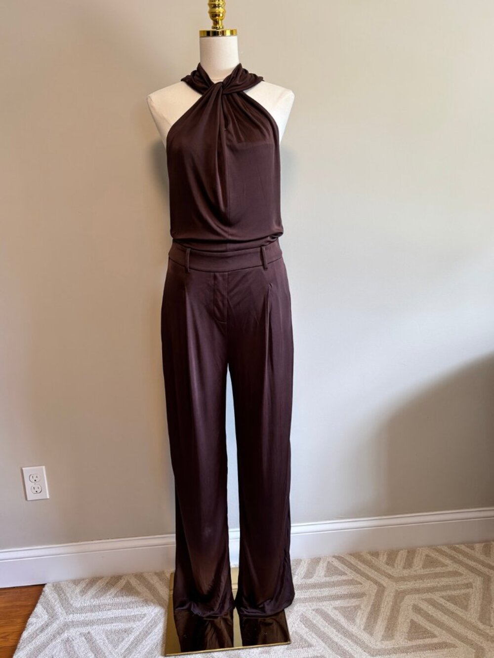 Reiss Claudia Chocolate Brown Halter Wide Leg Jersey Jumpsuit US 6